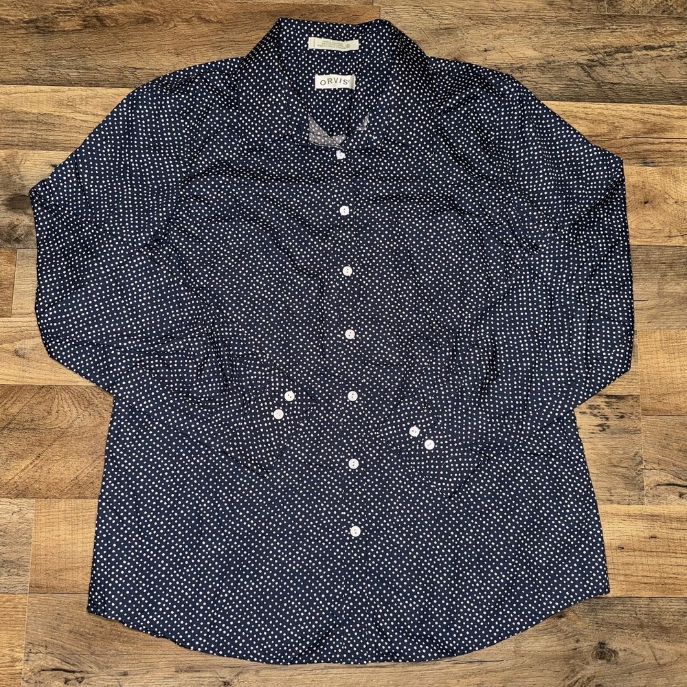 Orvis Womens Blouse Shirt Black White Polka Dot Button Up Wrinkle Free Sz. 16